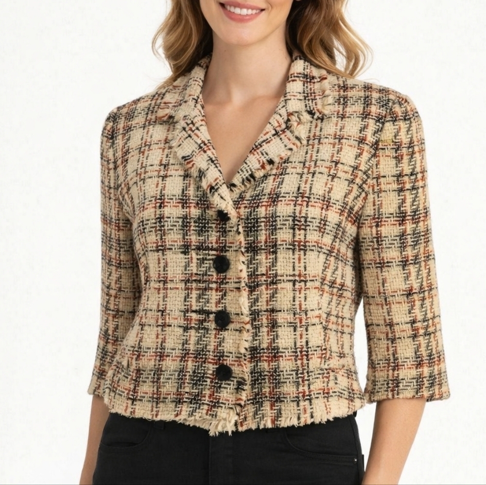 FOCUS 2000 Plazacore Cream Black Red Tweed Fringe Cropped Blazer
